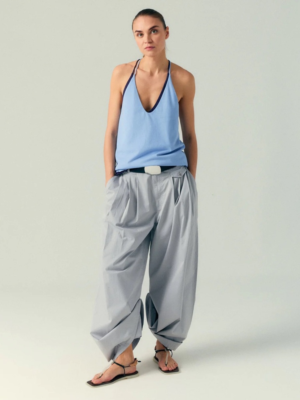 TIBI Garment Dyed Silky Cotton Triple Pleat Pant Grey 27R